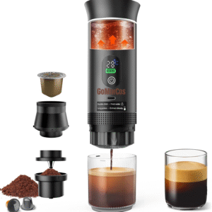 Espressor portabil GoMinCos cu baterie 7500mAh, compatibil capsule si cafea macinata, 20 Bars presiune, afisaj digital